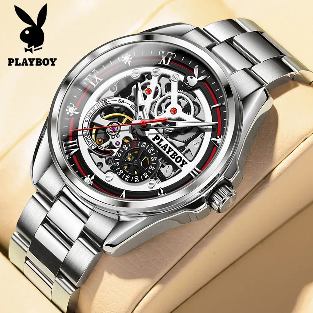 PLAYBOY Brand Skeleton Multifunction Automatic Mechanical Original Stainless Steel Fashion Luxury Watches for Men
