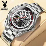 PLAYBOY Brand Skeleton Multifunction Automatic Mechanical Original Stainless Steel Fashion Luxury Watches for Men