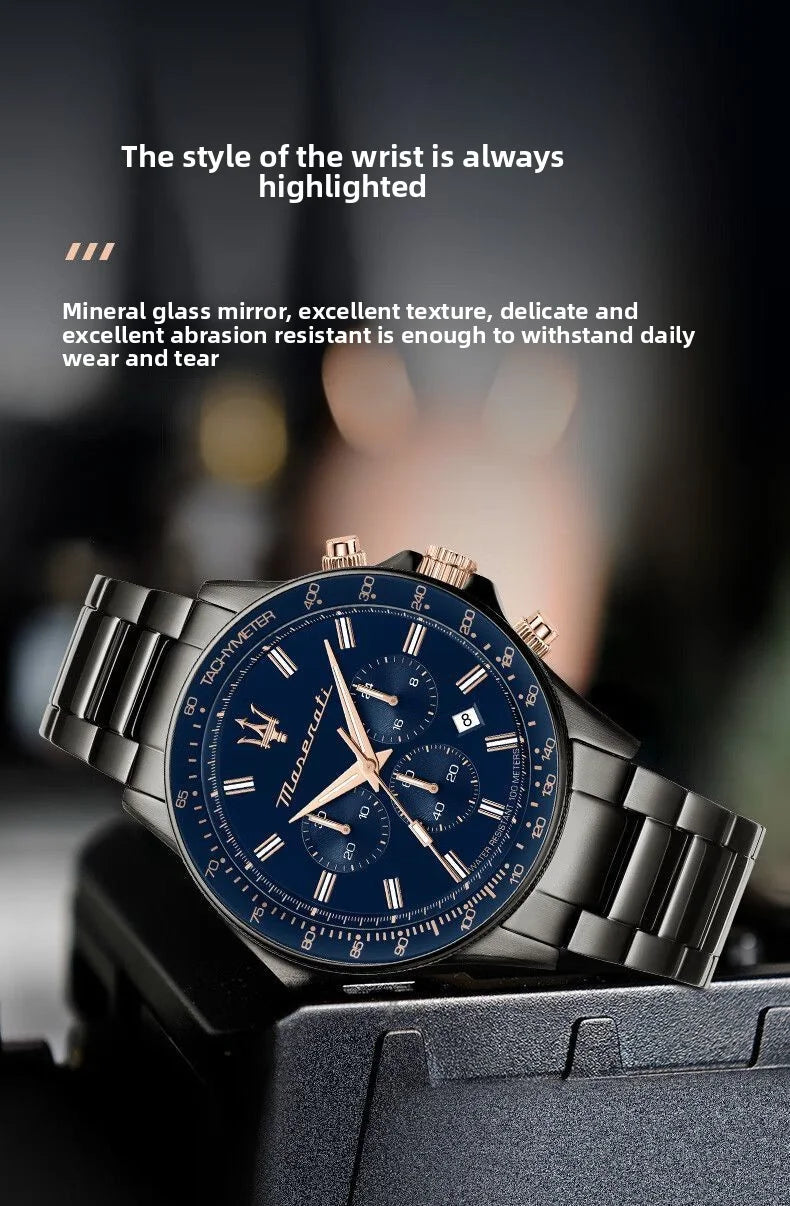 Original Luxury Maserati Men's Watch SFIDA Challenge Series Luxury Business Trendy Black Gold Steel Belt Watch