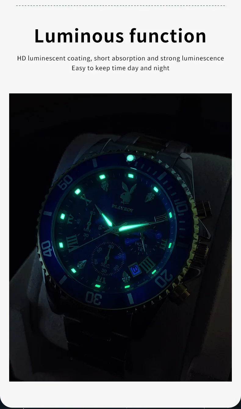 PLAYBOY Popular Original Stainless Steel Waterproof Quartz Multifunction Casual Fashion Trend Mens Watches