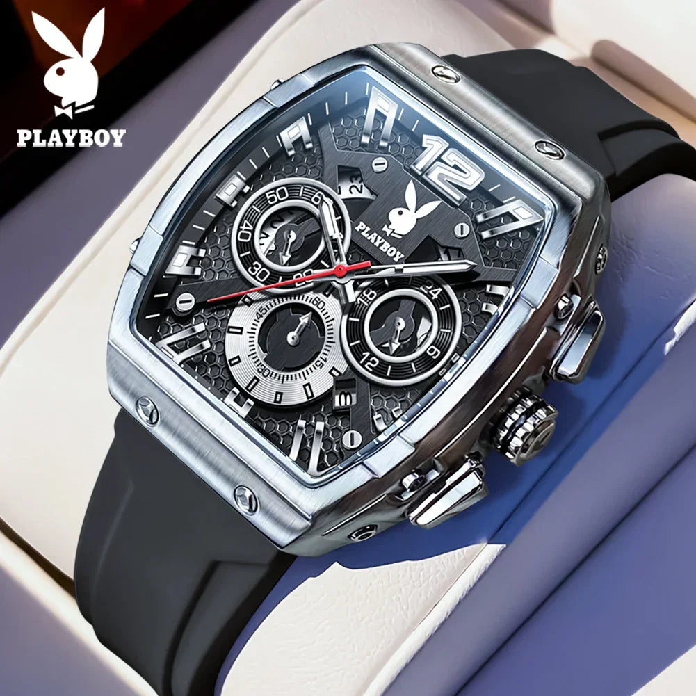 PLAYBOY Top Brand High Quality Multifunction Original Fashion Waterproof Silicone Strap Quartz Watch for Men