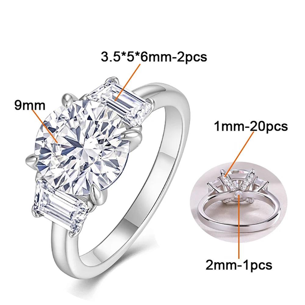 3 Stone 3ct Round Cut Full Moissanite Diamonds Rings for Women White Gold Plated Wedding Sterling Silver Jewellery