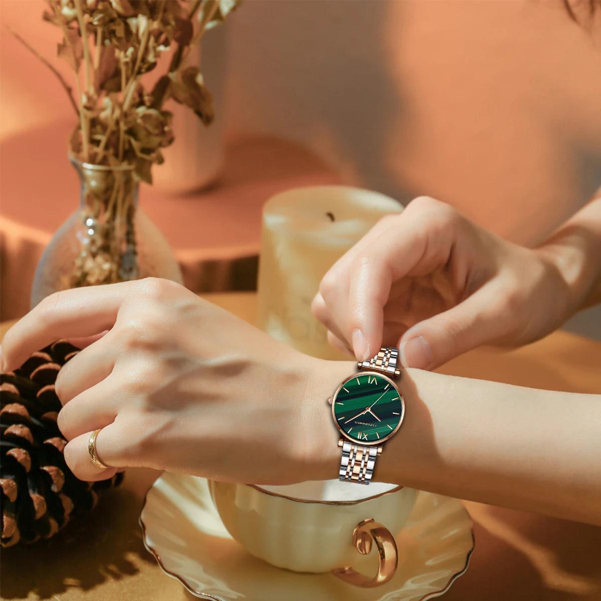 New Design Elegant Green Malachite Dial Ladies Watches Japanese Quartz Movement Stainless Steel Strap Waterproof Watches