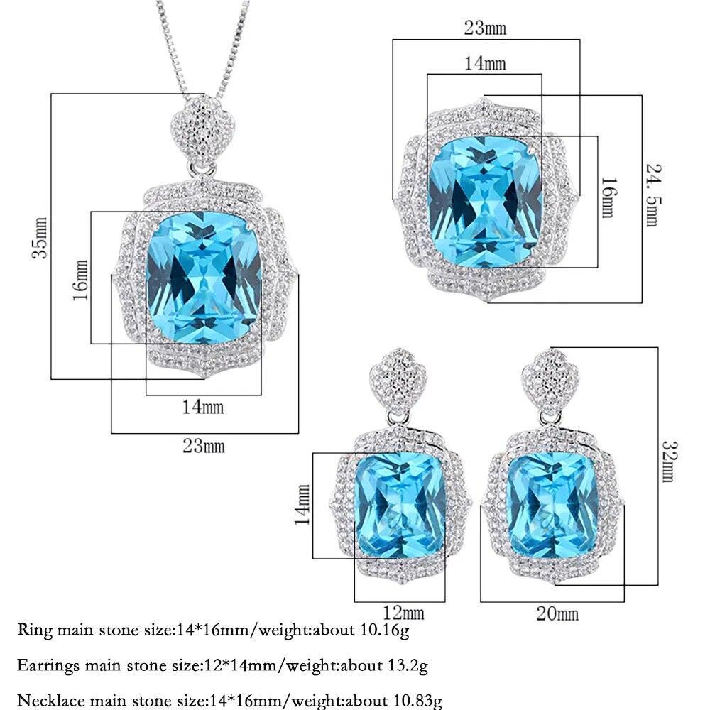 Charms Aquamarine Gemstone Necklace Pendant Rings Earrings Wedding Cocktail Party Fine Jewelry Sets for Women Anniversary Gift - The Jewellery Supermarket