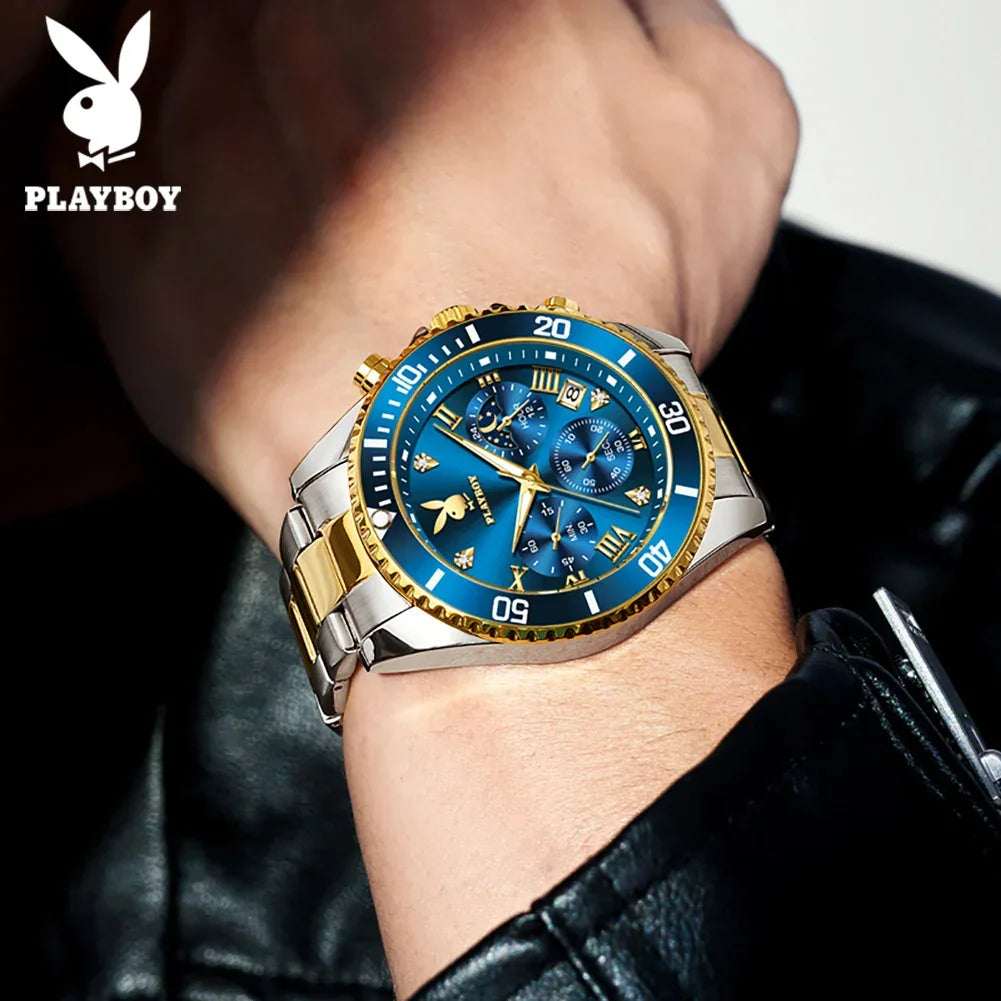 PLAYBOY Popular Original Stainless Steel Waterproof Quartz Multifunction Casual Fashion Trend Mens Watches