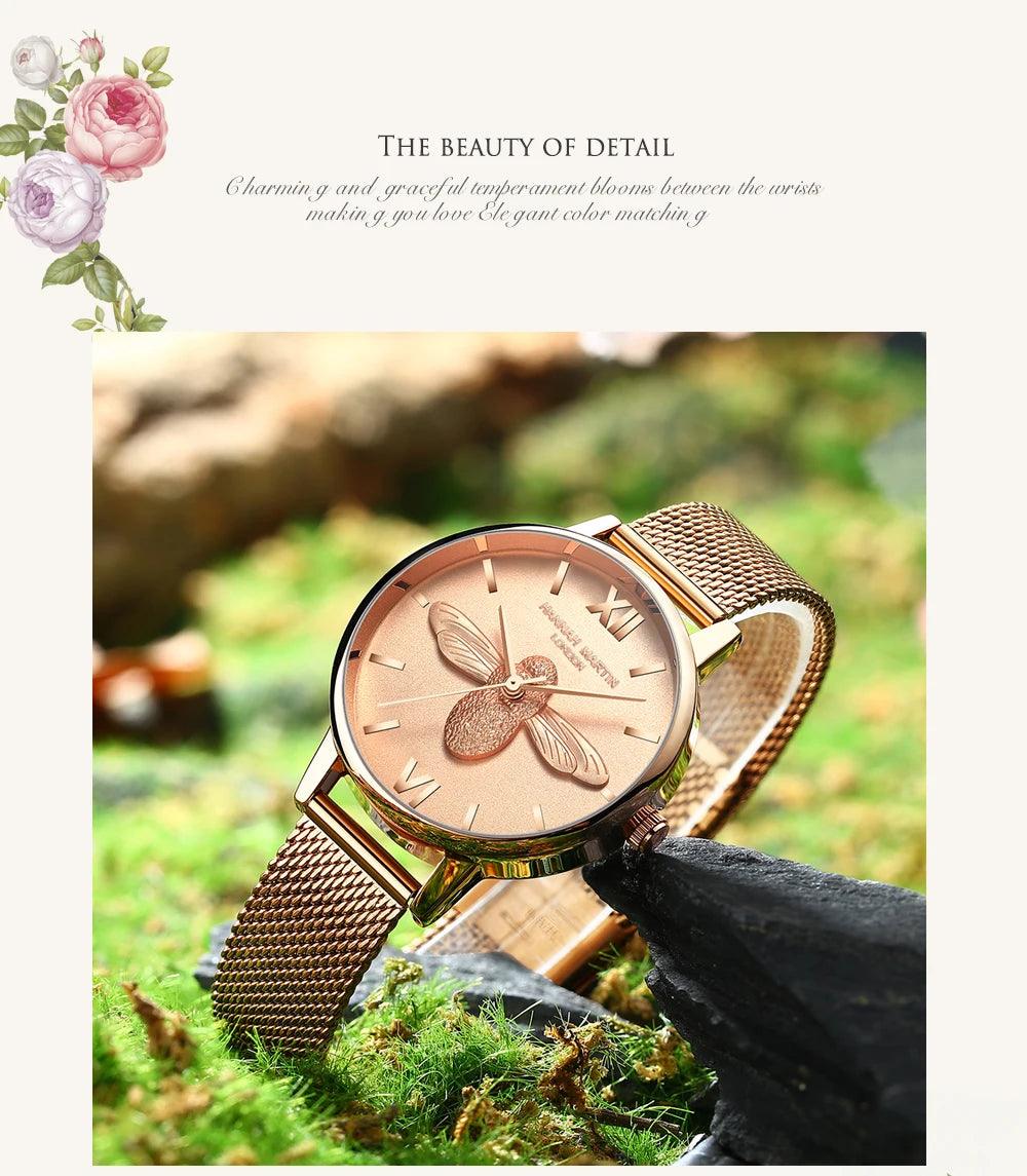 Elegant Luxury 3D Engraved Bee Dial Ladies Watch Rose Gold Plated 31mm Classic Casual Dress Watch with Bracelet Set