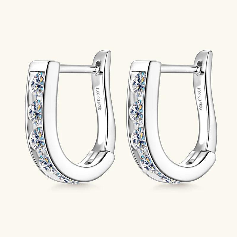 Superb 14KGP 3mm D VVS1 Moissanite Diamonds U-shaped Hoops Geometric Earrings, Silver Engagement Fine Jewellery - The Jewellery Supermarket