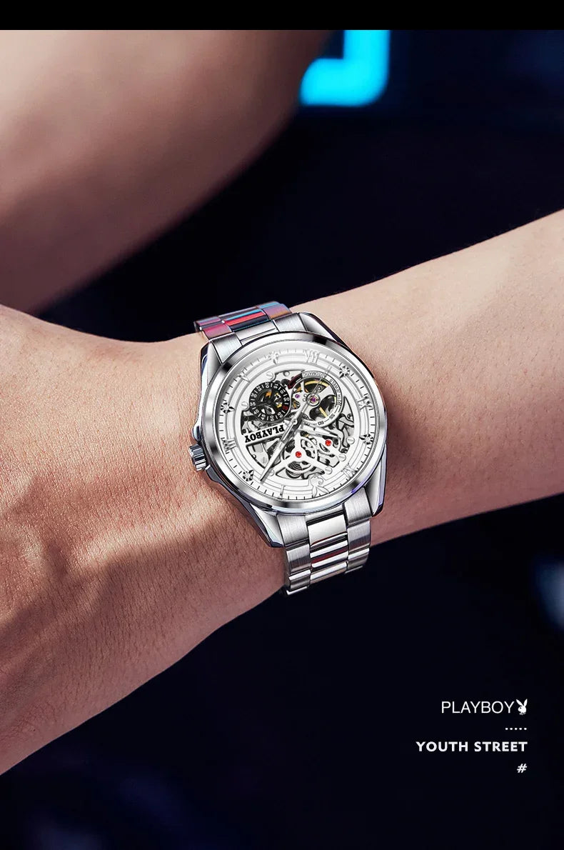 PLAYBOY Brand Skeleton Multifunction Automatic Mechanical Original Stainless Steel Fashion Luxury Watches for Men