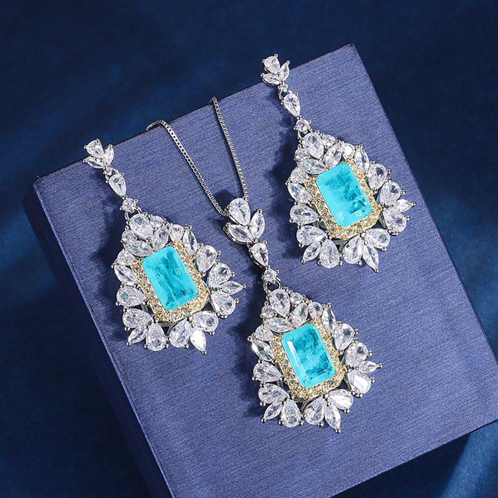 Luxury 8*12mm Paraiba Tourmaline Pendant Necklace Drop Earrings for Women - Charming Fine Jewellery Set - The Jewellery Supermarket