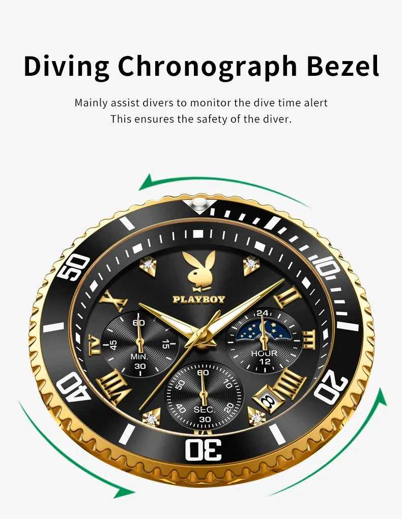 PLAYBOY Casual Business New Original Stainless Steel Multifunction Waterproof Luxury Quartz Men's Watches