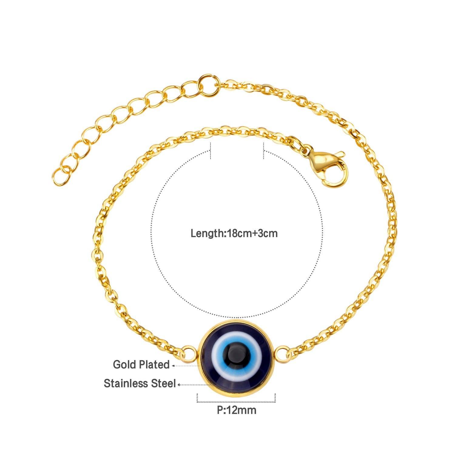 Blue Evil Eye CZ Charm Bracelets - Gold Colour Stainless Steel Drop Water Double Layer Cuban Link Jewellery - The Jewellery Supermarket