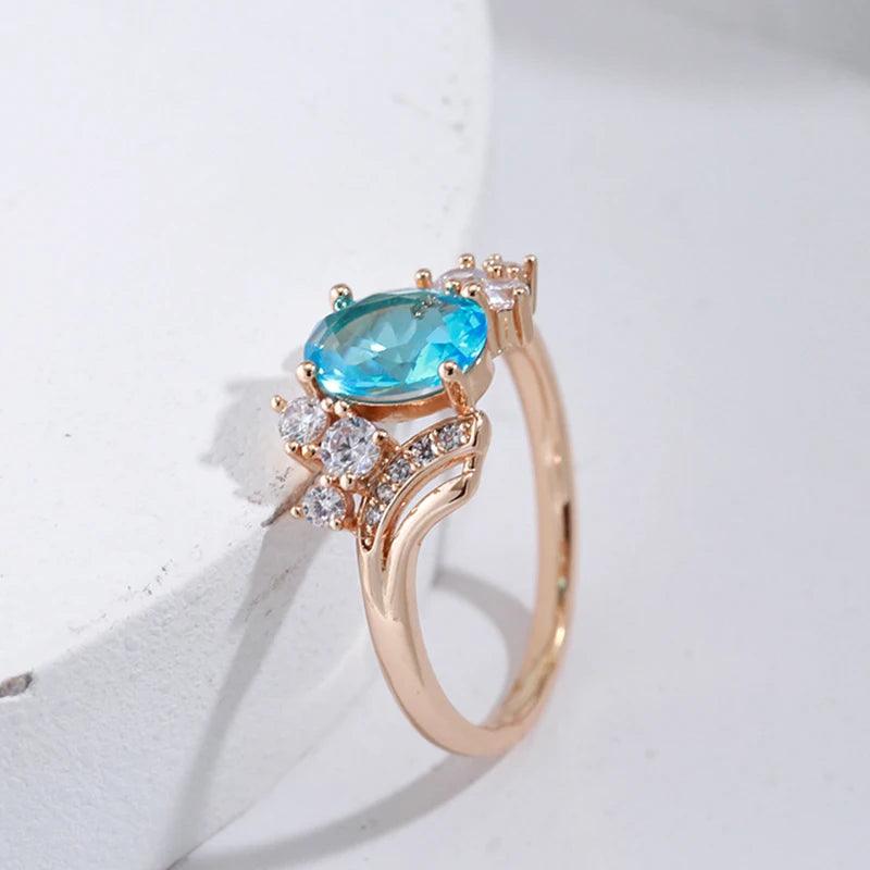 Shiny Blue Oval  Peach Heart Cutting Filled 14K Rose Gold AAA Zircon Crystals Rings For Women, Luxury Jewellery