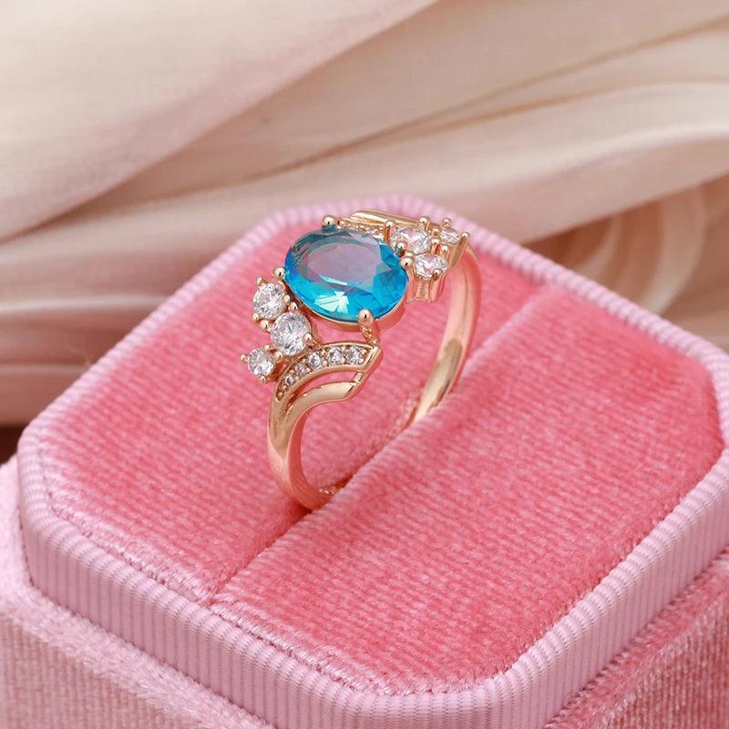 Shiny Blue Oval  Peach Heart Cutting Filled 14K Rose Gold AAA Zircon Crystals Rings For Women, Luxury Jewellery
