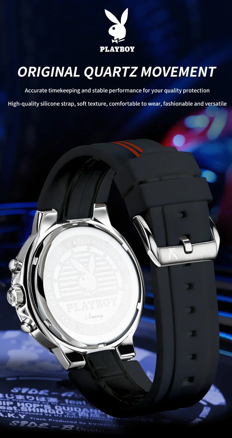 PLAYBOY Casual Quartz Luxury Sports Luminous Waterproof Fashion High-end Silicone Strap Men's Wristwatch