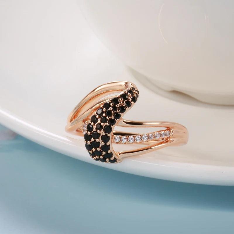 Vintage Style Unusual Geometric Filled 14K Rose Gold With Black AAA+ Zircon Fashion Elegant  Rings - Fine Jewellery