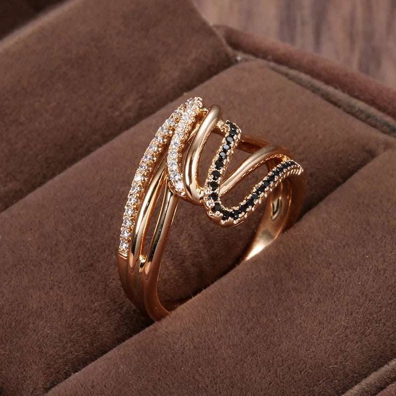 Luxury 14K Filled Rose Gold Geometric Hollow Black And White AAA Zircon Diamonds Setting Ring  - Fine Jewellery