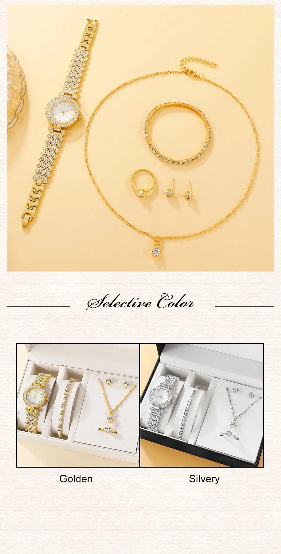 New 6PCS Set Luxury Necklace Earring Rhinestone Fashion Casual Ladies Bracelet Set Watches for Women - - The Jewellery Supermarket