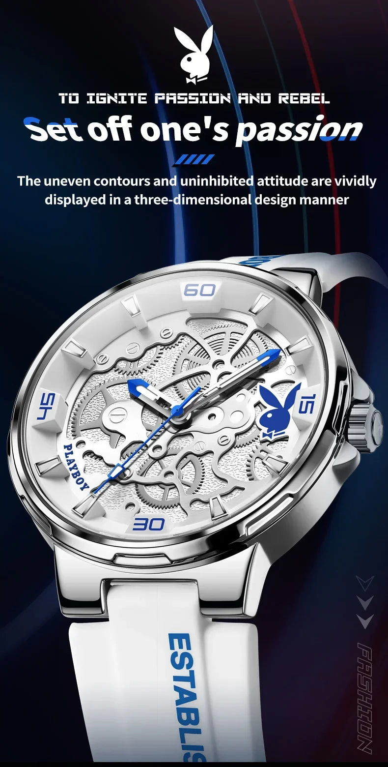 PLAYBOY Luxury Brand Casual Waterproof Quartz Silicone Strap Sports Elegant High-end Wrist Watch for Men