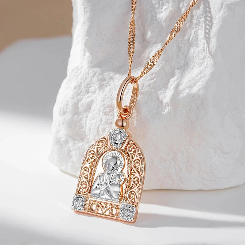 Excellent 14K Filled Rose Gold Virgin Mary Mixed Color Luxury Mother Of God Necklace with AAA Zircon Diamond