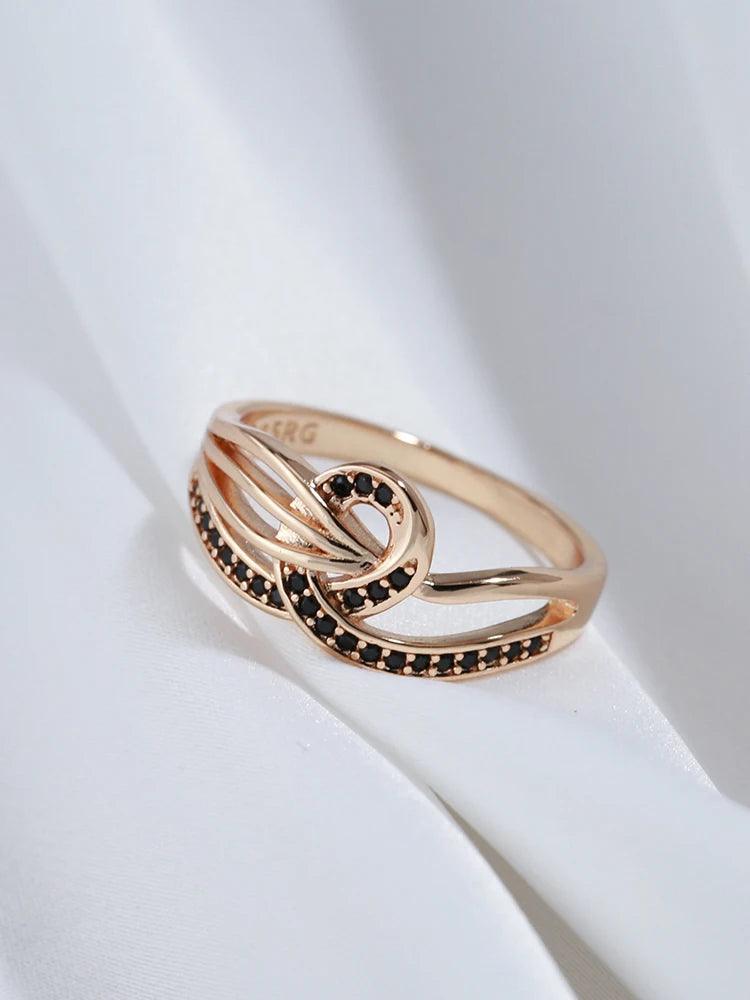 Luxury Geometric Line Cross Rolled 14K Rose Gold With Black AAA Zircon Crystals Ring - Fashion Vintage Jewellery