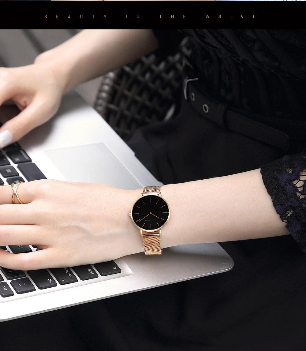 New Gold Colour Design Dial Quartz Movement Ladies Wristwatches Stainless Steel Mesh Ultra thin Waterproof Watches