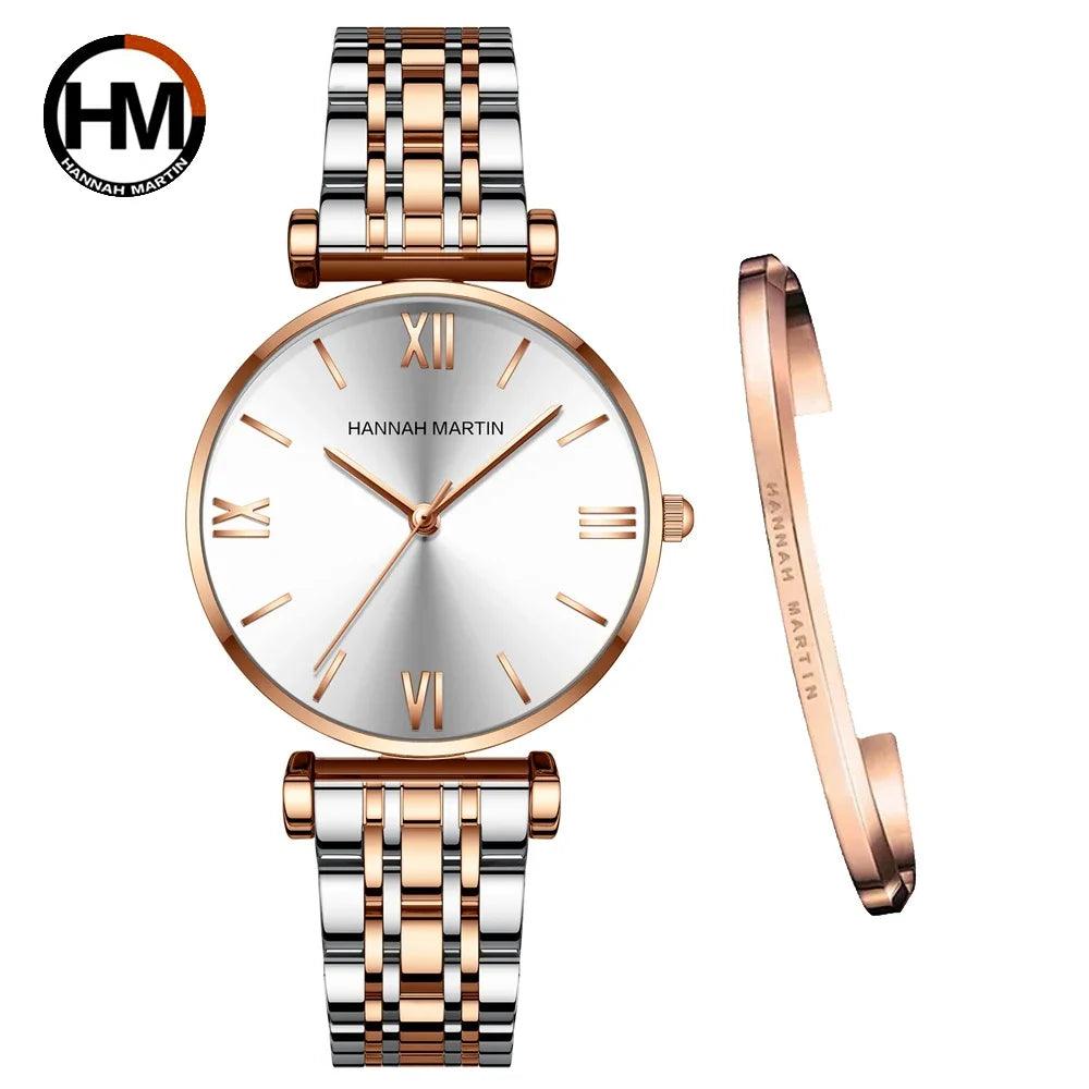 Simple Elegant Round Dial Fashion Stainless Steel Ladies Watches Rose Gold Colour Quartz Wristwatches with Bracelets