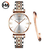 Simple Elegant Round Dial Fashion Stainless Steel Ladies Watches Rose Gold Colour Quartz Wristwatches with Bracelets
