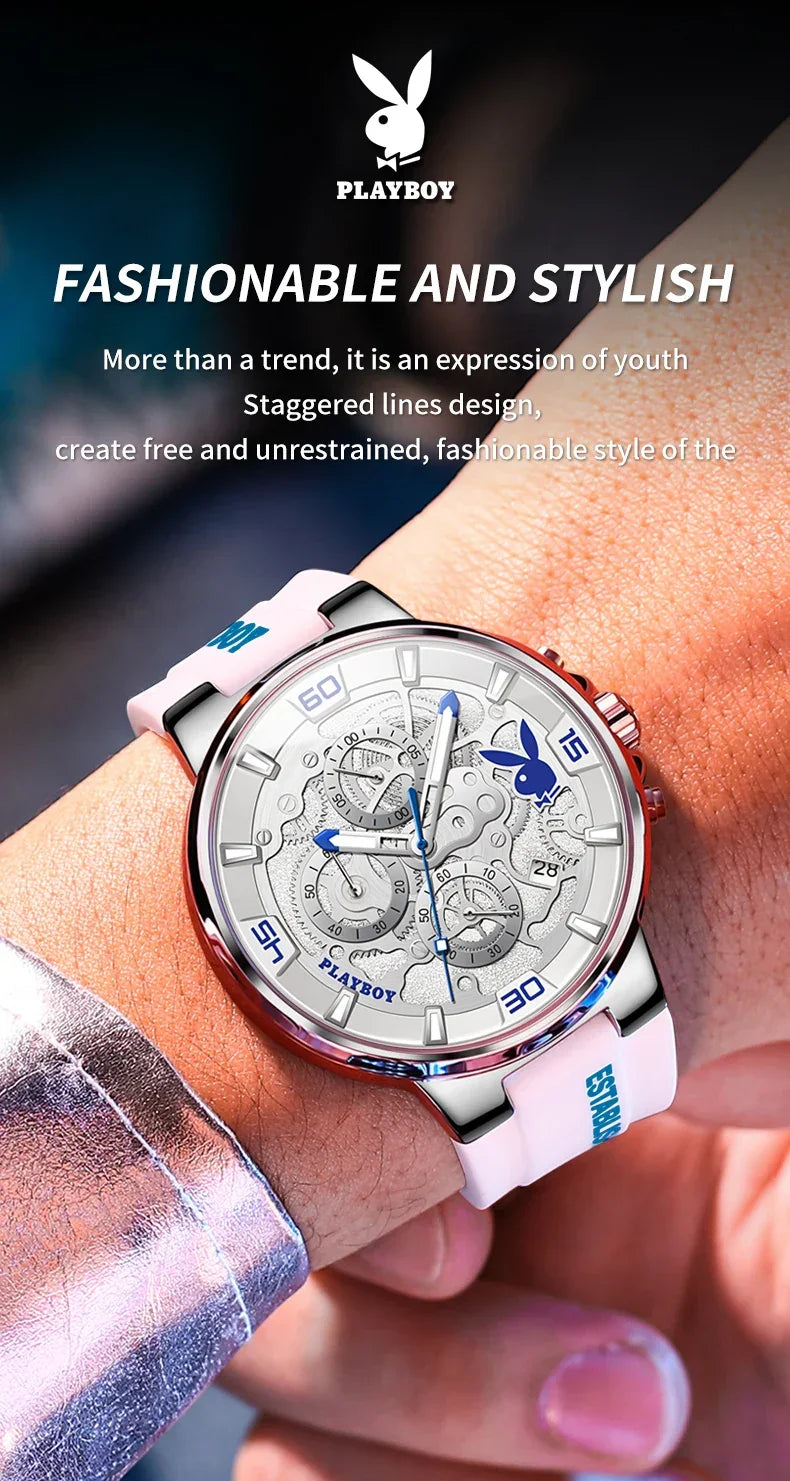 PLAYBOY Top Brand High Quality Luxury Men Watch Silicone Strap Waterproof Fashion Quartz Men's Watches