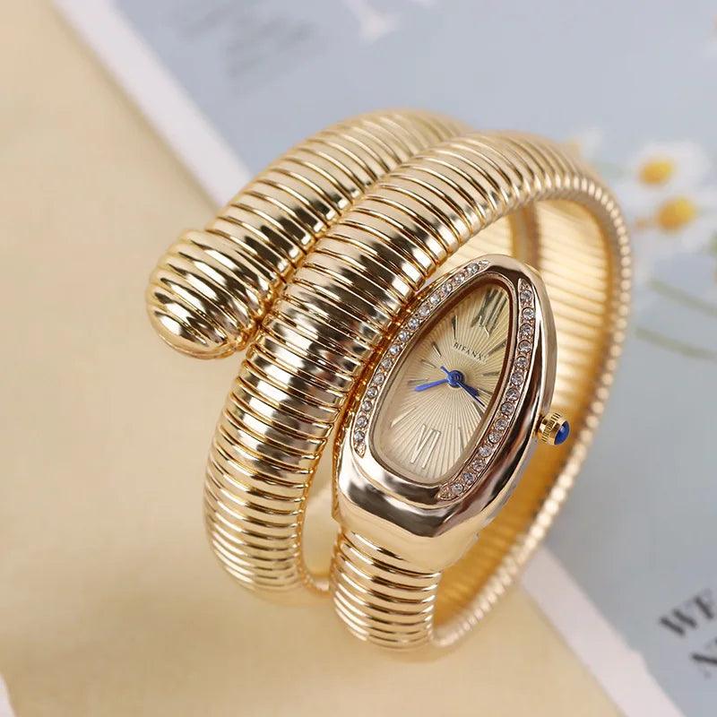 Luxury Gold Quartz Fashion Avantgarde Snake Watches for Women - Winding Bangle Steel Ladies Watches Ideal Gift