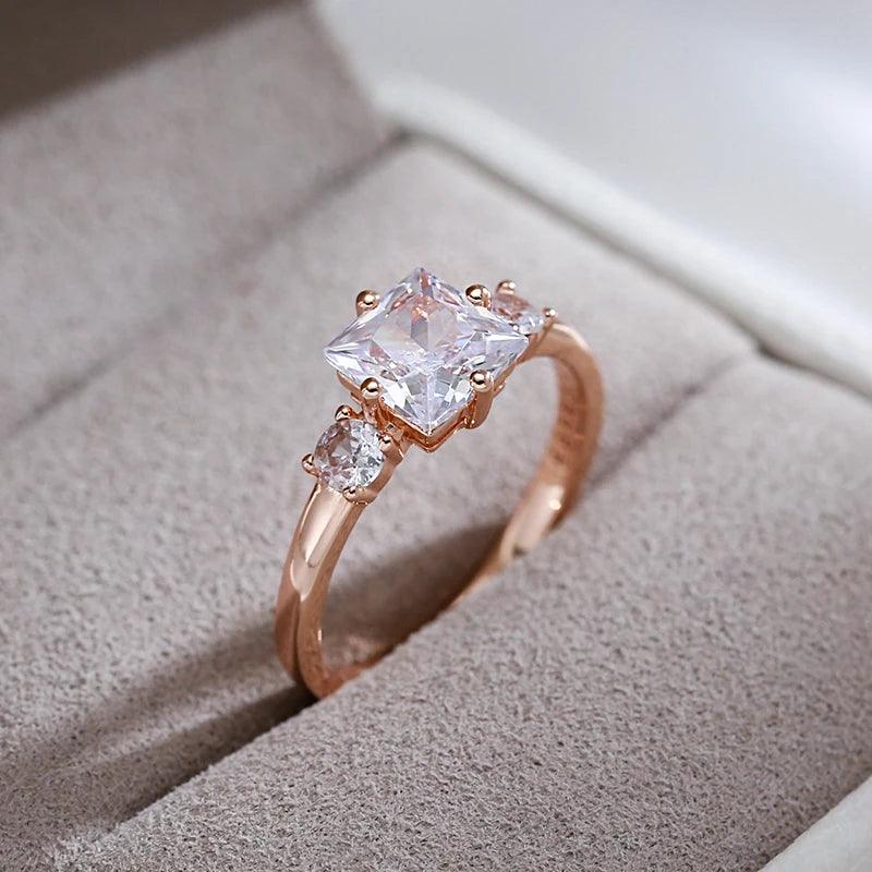 Dazzling Square AAA Zircon Crystals 14K Rolled Rose Gold Ring for Women - High Quality Daily Fine Jewellery