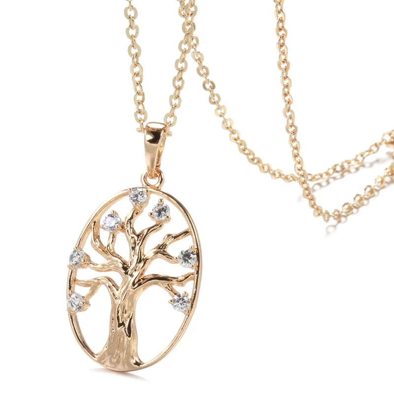 Classic 14K Filled Rose Gold Long Chain Luxury Life Tree Geometric Oval Pendant AAA Zircon Diamonds Necklace