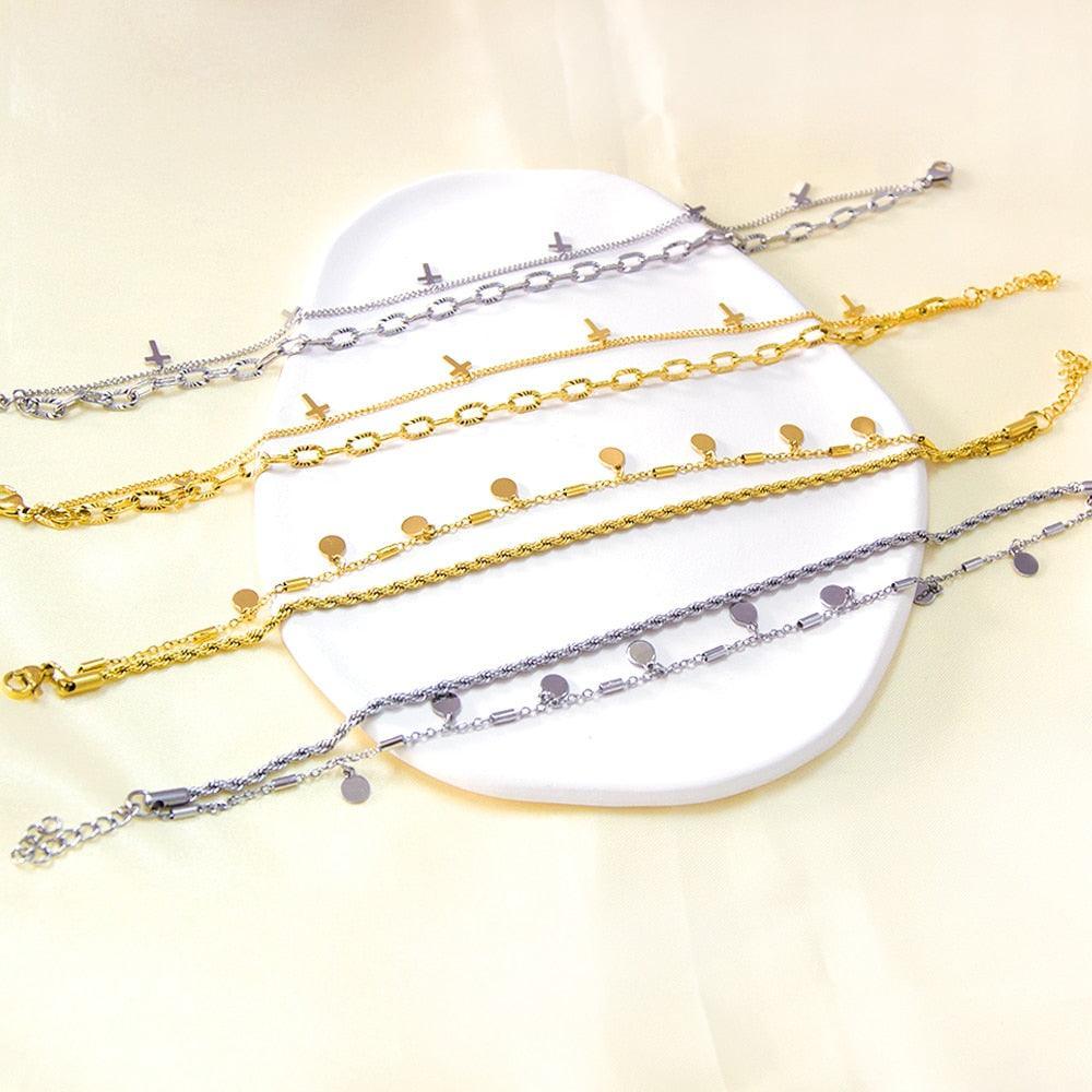 Double Layer Coin Disc Pendant Anklets - Gold Colour Stainless Steel Anti-allergic Rope Chain Jewellery - The Jewellery Supermarket