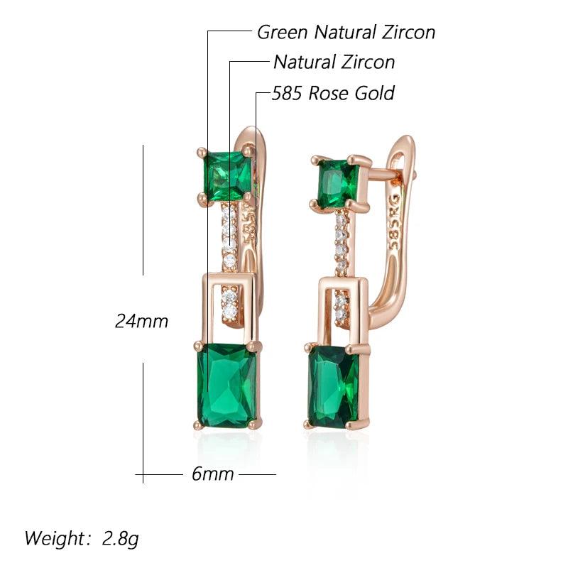 Latest Fashion Rolled 14K Rose Gold Green Square AAA Zircon Crystals Long Drop Earrings - Vintage Design Jewellery