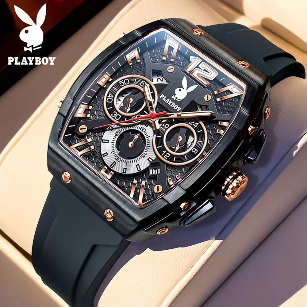 PLAYBOY Top Brand High Quality Multifunction Original Fashion Waterproof Silicone Strap Quartz Watch for Men