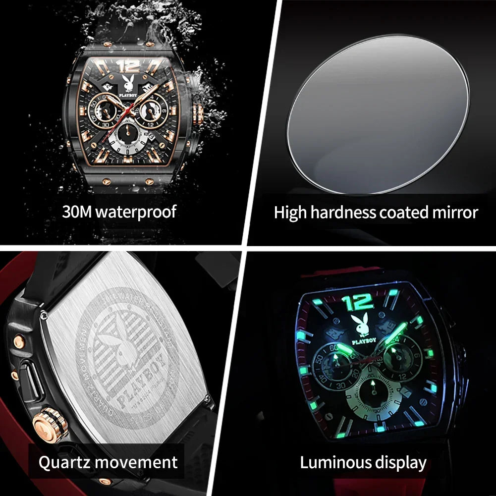 PLAYBOY Top Brand High Quality Multifunction Original Fashion Waterproof Silicone Strap Quartz Watch for Men