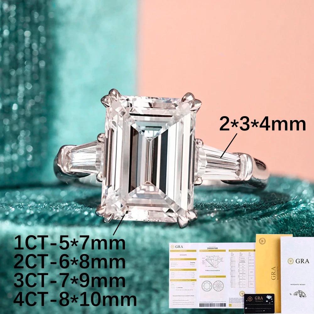 1/2/3/4CT Emerald Cut Full Moissanite Diamond Rings Silver GRA Certified Three Stones Wedding Engagement Jewellery