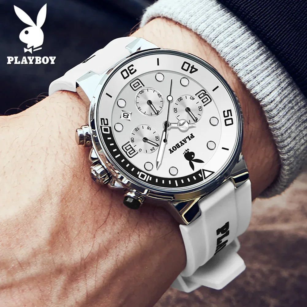 PLAYBOY Top Brand  New Original Fashion High Quality Silicone Strap Multifunction Quartz Watch for Men