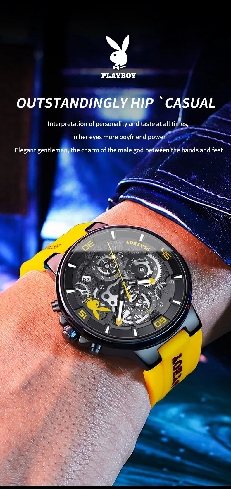 PLAYBOY Casual Quartz Luxury Sports Luminous Waterproof Fashion High-end Silicone Strap Men's Wristwatch
