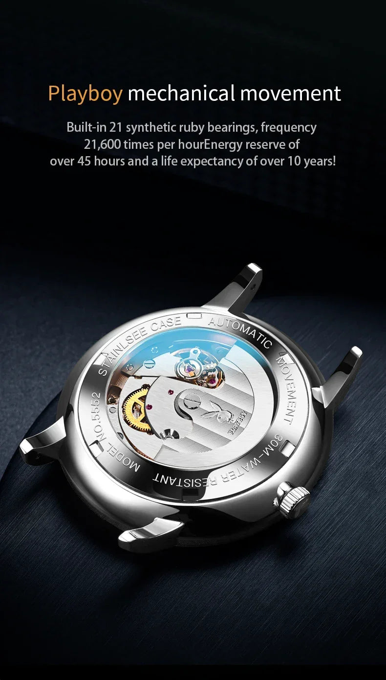 PLAYBOY Casual Simple Automatic Mechanical Men's Watches Original Waterproof Calendar High Quality Watch for Men