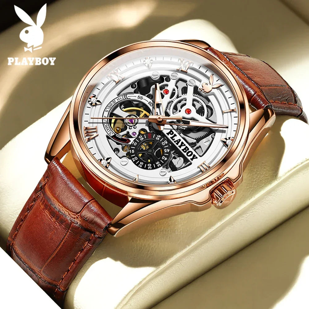 PLAYBOY Brand Skeleton Multifunction Automatic Mechanical Original Stainless Steel Fashion Luxury Watches for Men