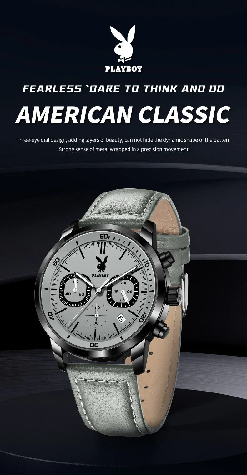 PLAYBOY Top Brand Fashion Watch for Men Leather Strap  High Quality Casual Waterproof Luxury Quartz Men's Watches