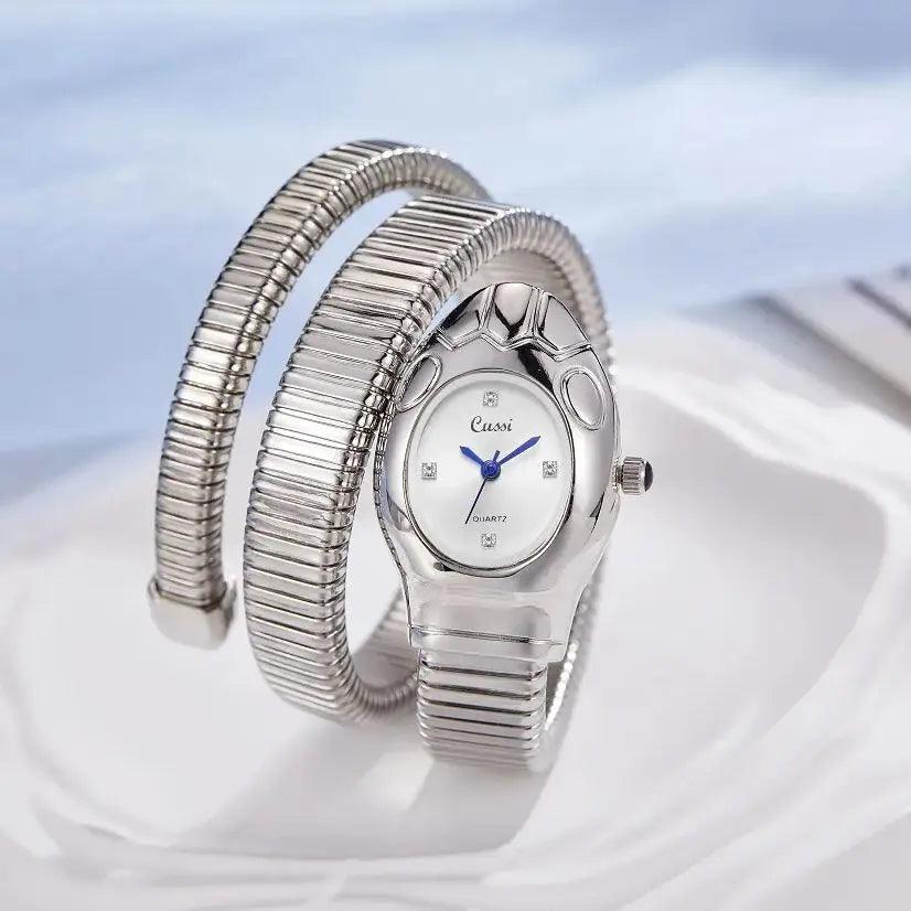 New Luxury Gold Silver Colour Snake Shaped Quartz Watches For Women - Elegant Fashionable Bracelet Wristwatches