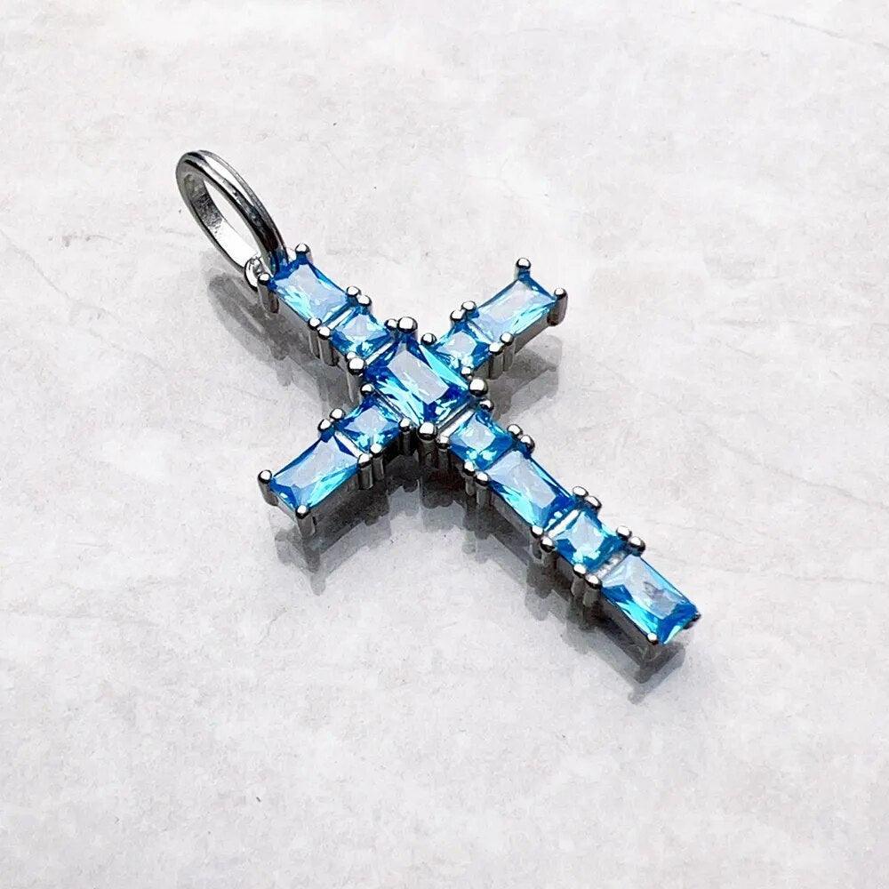 Brand New Pendant Cross with Aquamarine Stones 925 Sterling Silver Fine Jewellery Accessories Romantic Gift For Ladies - The Jewellery Supermarket