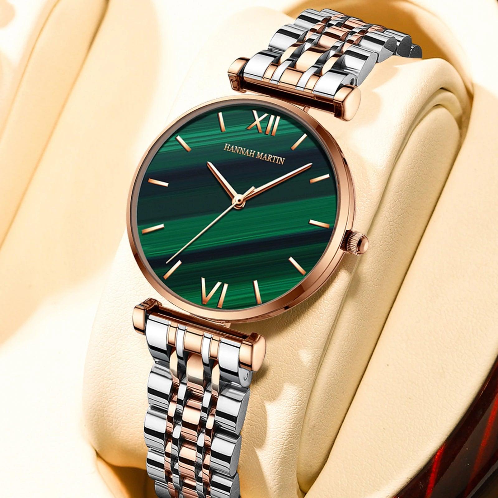 Elegant Fashion Green Malachite Dial Casual Ladies Watches - Stainless Steel Strap Waterproof Quartz Wristwatches