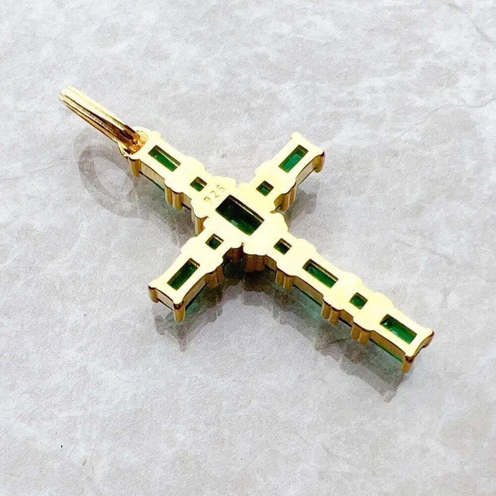 Brand New Gold Plated Cross Green AAA CZ Crystals Pendant 925 Sterling Silver Stylish Fine Jewellery Gift For Woman - The Jewellery Supermarket