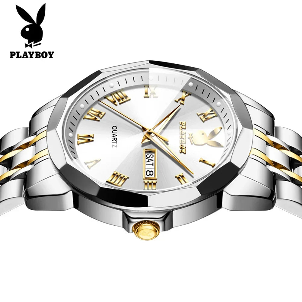 PLAYBOY Fashion Luxury High Quality Original Stainless Steel Waterproof Dual Calendar Luminous Quartz Men Watch