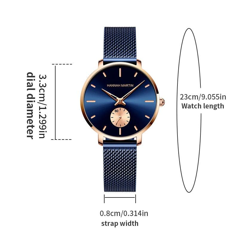 Elegant Simple Fashion Rose Gold Colour Case Ladie's Watch Blue Stainless Steel Mesh Belt Quartz Waterproof Watches