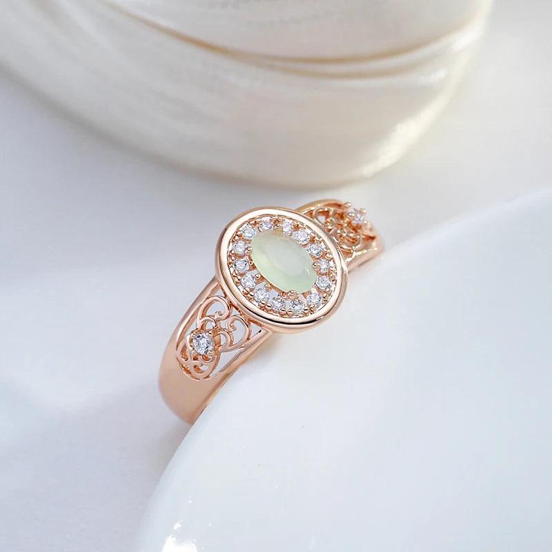 New Oval Cut Luxury AAA Zircon Emerald With 14K Rolled Rose Gold Flower Ring Ethnic Daily Jewellery