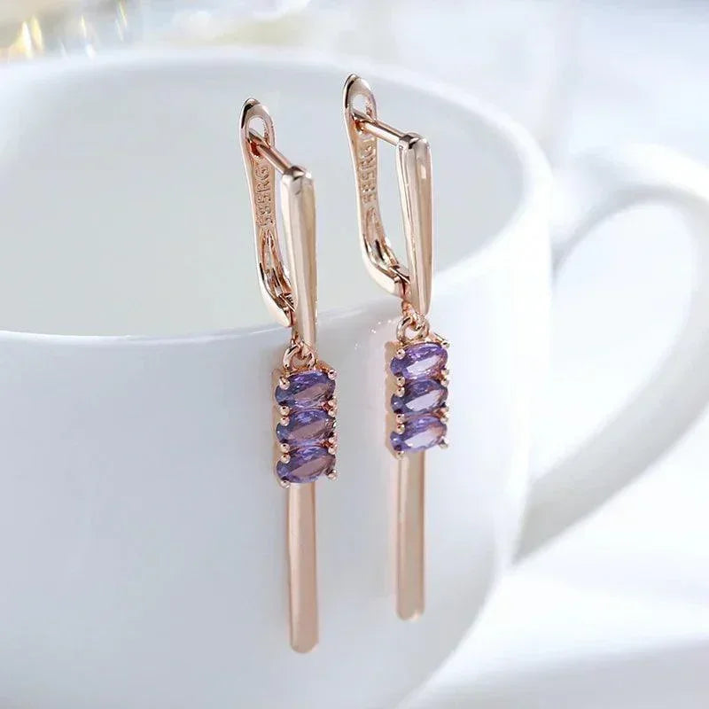 Luxury 14K Filled Rose Gold Oval Purple AAA Zircon Crystals Long Pendant Earrings - Trendy Daily Jewellery