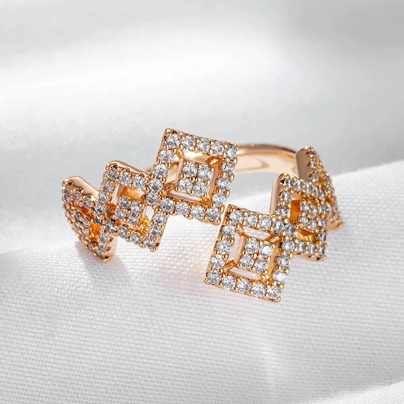 Delightful 14K Rolled Rose Gold AAA Zircon Dimonds Geometric Open Ring - Party Daily Fine Vintage Jewellery